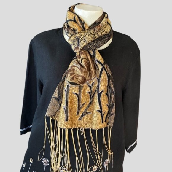 Accessories - Black & Golden Brown Floral Pattern With Silver Glitter Scarf With Fringe